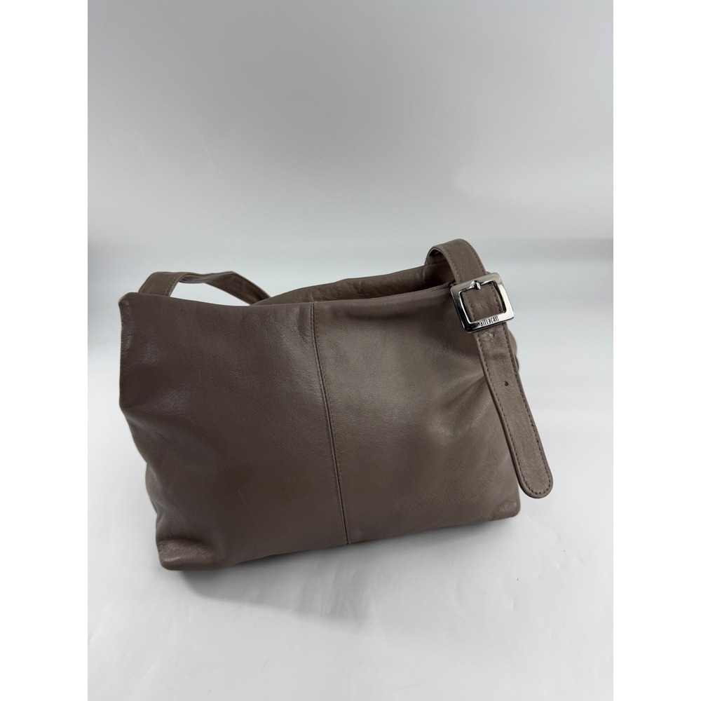 Bill Blass Studio Taupe Leather Shoulder Bag Multi Compartment Silver Buckle